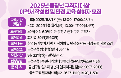 1. 교육기간(택일)
 - 1회: 2025.10.17.(금) 13:00~17:00(4시간)
 - 2회: 2025.10.24.(금) 13:00~17:00(4시간)

2. 교육대상 : 40세 이상 69세 미만 중장년 금천구민 구직자

3. 교육인원 : 회차별 30명(총 60명)

4. 교육내용: 취업 동기부여, 이력서 작성법 및 면접 전략 등 취업 관련 기본 소양

5. 교육장소: 금천구청 평생학습관 제3강의실

6. 모집기간: 9월 22일(월)~ 선착순 마감

7. 신청방법: 금천구청 1층 일자리센터 방문 신청(주민등록초본 지참)

8. 문의처
 -금천구청 일자리청년과 일자리지원팀(02-2627-2013)
 -금천구청 일자리센터(02-2627-1919, 1920, 1150)