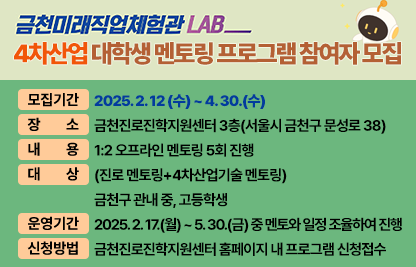 ○ 금천미래직업체험관 LAB___ 4차산업 대학생 멘토링 프로그램 참여자 모집 ○
□ 모집기간 : 2025. 2. 12 (수) ~ 4. 30.(수)
□ 장    소 : 금천진로진학지원센터 3층(서울시 금천구 문성로 38)
□ 내    용 : 1:2 오프라인 멘토링 5회 진행(진로 멘토링+4차산업기술 멘토링)
□ 대    상 : 금천구 관내 중, 고등학생
□ 운영기간 : 2025. 2. 17.(월) ~ 5. 30.(금) 중 멘토와 일정 조율하여 진행
□ 신청방법 : 금천진로진학지원센터 홈페이지 내 프로그램 신청접수