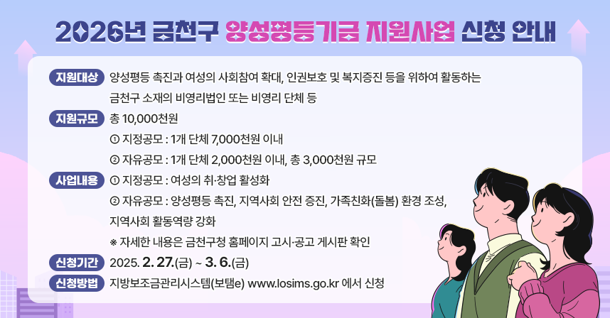 □ 사 업 명 : 2026년 금천구 양성평등기금 지원사업
□ 지원대상 : 양성평등 촉진과 여성의 사회참여 확대, 인권보호 및 복지증진
              등을 위하여 활동하는 금천구 소재의 비영리법인 또는 비영리 단체 등
□ 지원규모 및 사업내용 
 ○ 지원규모 : 총 10,000천원
 - 지정공모 : 1개 단체 7,000천원 이내
 - 자유공모 : 1개 단체 2,000천원 이내, 총 3,000천원 규모

 ○ 사업내용        ※ 자세한 내용은 금천구청 홈페이지 고시·공고 게시판 확인
  - 지정공모 : 여성의 취·창업 활성화   
  - 자유공모 : 양성평등 촉진, 지역사회 안전 증진, 가족친화(돌봄) 환경 조성,
               지역사회 활동역량 강화
□ 신청기간 : 2025. 2. 27.(금) ~ 3. 6.(금)
□ 신청방법 : 지방보조금관리시스템(보탬e) www.losims.go.kr 에서 신청