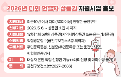 □ 지원 대상 : 최근10년 이내 다회(30회이상) 헌혈한 금천구민
□ 신청 기한 : 2026. 5. 6. ~ 상품권 소진 시 까지 
□ 지원 내용 : 1인당 1회 5만원 상품권(지역사랑상품권 또는 온누리상품권)
□ 신청 방법 : 직접방문접수(금천구보건소 5층 의약과)
□ 구비 서류 : 주민등록등본, 신분증(주민등록증 또는 운전면허증), 헌혈확인증명서
□ 기     타 : 대상자 본인 직접 신청만 가능(※대리신청 및 대리수령 불가)
□ 문     의 : 금천구보건소(☎2627-2686)