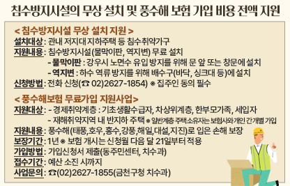 < 침수방지시설 무상 설치 지원 >
□ 설치대상 : 관내 저지대 지하주택 등 침수취약가구
□ 지원내용 : 침수방지시설(물막이판, 역지변) 무료 설치
 - 물막이판 : 강우시 노면수 유입 방지를 위해 문 앞 또는 창문에 설치
 - 역지변 : 하수 역류 방지를 위해 배수구(바닥, 싱크대 등)에 설치
□ 신청방법 : 전화 신청(☎ 02)2627-1854) ※ 집주인 동의 필수

< 풍수해보험 무료가입 지원사업 >
□ 지원대상 : - 경제취약계층 : 기초생활수급자, 차상위계층, 한부모가족, 세입자
 - 재해취약지역 내 반지하 주택 ※ 일반계층 주택 소유자는 보험사와 개인 간 개별 가입
□ 지원내용 : 풍수해(태풍,호우,홍수,강풍,해일,대설,지진)로 입은 손해 보장
□ 보장기간 : 1년 ※ 보험 개시는 신청월 다음 달 21일부터 적용
□ 가입방법 : 가입신청서 제출(동주민센터, 치수과)
□ 접수기간 : 예산 소진 시까지
· 사업문의 : ☎(02)2627-1855(금천구청 치수과)