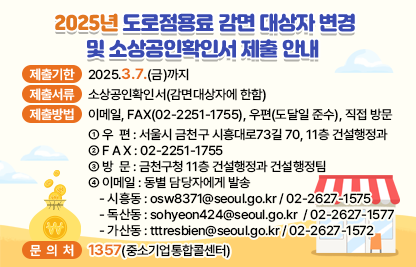 ◆ 2025년 도로점용료 감면 대상자 변경 및 소상공인확인서 제출 안내 ◆
                                
 ○ 제출기한 : 2025.3.7.(금)까지
 ○ 제출서류 : 소상공인확인서(감면대상자에 한함)
 ○ 제출방법 : 이메일, FAX(02-2251-1755), 우편(도달일 준수), 직접 방문
    - 우  편 : 서울시 금천구 시흥대로73길 70, 11층 건설행정과
    - F A X : 02-2251-1755
    - 방  문 : 금천구청 11층 건설행정과 건설행정팀
    - 이메일 : 시흥동 osw8371@seoul.go.kr / 02-2627-1575  
                 독산동 sohyeon424@seoul.go.kr / 02-2627-1577  
                 가산동 tttresbien@seoul.go.kr / 02-2627-1572
 ○ 문의처 : ☎ 1357(중소기업통합콜센터)