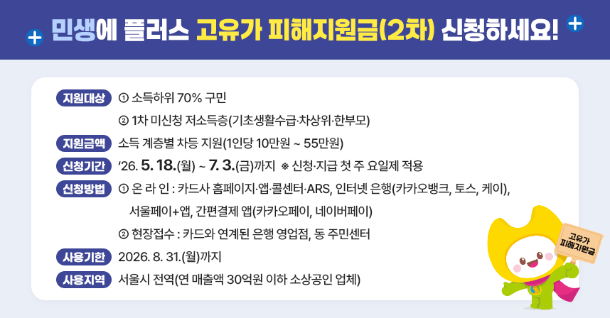 <민생에 플러스 고유가 피해지원금(2차) 신청하세요>
 □ 지원대상 
   ○ 소득하위 70% 구민
   ○ 1차 미신청 저소득층(기초생활수급‧차상위‧한부모) 

 □ 지원금액 : 소득 계층별 차등 지원(1인당 10만원 ~ 55만원)

 □ 신청기간 : ‘26. 5. 18.(월) ~ 7. 3.(금)까지                ※ 신청·지급 첫 주 요일제 적용

 □ 신청방법
   ○ 온 라 인 : 카드사 홈페이지‧앱‧콜센터‧ARS, 인터넷 은행(카카오뱅크, 토스, 케이), 서울페이+앱, 간편결제 앱(카카오페이, 네이버페이)

   ○ 현장접수 : 카드와 연계된 은행 영업점, 동 주민센터

  □ 사용방법
   ○ 사용기한 : 2026. 8. 31.(월)까지
   ○ 사용지역 : 서울시 전역(연 매출액 30억원 이하 소상공인 업체)