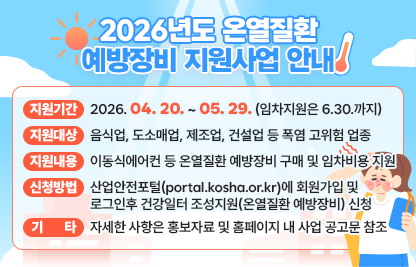 □ 지원 기간 : 2026. 04. 20. ~ 05. 29. (임차지원은 6.30.까지)
□ 지원 대상 : 음식업, 도소매업, 제조업, 건설업 등 폭염 고위험 업종
□ 지원 내용 : 이동식에어컨 등 온열질환 예방장비 구매 및 임차비용 지원
□ 신청 방법 : 산업안전포털(portal.kosha.or.kr)에 회원가입 및 로그인후 건강일터 조성지원(온열질환 예방장비) 신청
□ 기타 : 자세한 사항은 홍보자료 및 홈페이지 내 사업 공고문 참조