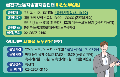 󰏅 금천구노동자종합지원센터 야간노무상담 
  ○ 운영기간 : ’25. 3. ~ 12. (10개월)  * 운영 시작일 : 3. 19.(수)
  ○ 운영시간 : 매월 첫째·셋째주 수요일 18:00 ~ 20:00 (공휴일 제외)
     - 혹서기(7월 〜 8월) 및 혹한기(12월) 매주 수요일 운영(5주차 미운영)
  ○ 운영장소 : 금천구 노동자종합지원센터 노무상담실 
  ○ 예약/문의 : 금천구노동자종합지원센터 02-2627-2140
 
󰏅 찾아가는 지하철 노무상담 운영
  ○ 운영기간 : ’25. 3. ~ 6. / 9. ~ 11. (7개월) * 운영 시작일 : 3. 26.(수) 
  ○ 운영시간 : 매월 둘째·넷째주 수요일 17:30 ~ 19:30 (공휴일 제외)
     - 혹서기(7월 〜 8월) 및 혹한기(12월 〜 2월) 미운영 (단, 센터 야간상담으로 진행)
  ○ 운영장소 : 독산역
  ○ 예약/문의 : 금천구노동자종합지원센터 02-2627-2140