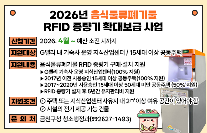 □ 신청기간 : 2026. 4월 ~ 예산 소진 시까지
□ 지원대상
  - G밸리 내 기숙사 운영 지식산업센터
  - 15세대 이상 공동주택
□ 지원내용 : 음식물류폐기물 RFID 종량기 구매‧설치 지원
  - G밸리 기숙사 운영 지식산업센터(100% 지원)
  - 2017년 이전 사용승인 15세대 이상 공동주택(100% 지원)
  - 2017~2020년 사용승인 15세대 이상 50세대 미만 공동주택(50% 지원)
  - RFID 종량기 설치 후 5년간 유지관리비 지원
□ 지원조건
  - 주택 또는 지식산업센터 사유지 내 2㎡ 이상 여유 공간이 있어야 함
  - 시설의 전기 제공 가능 건물
□ 문 의 처 : 금천구청 청소행정과(☎2627-1493)