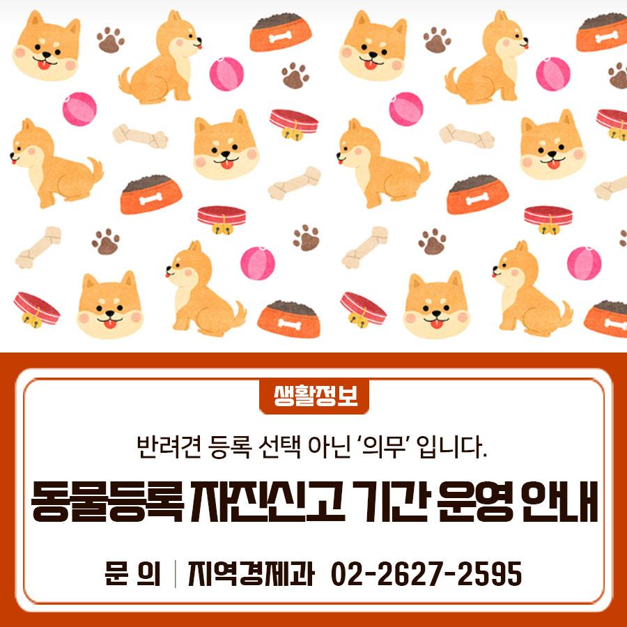 2026년 동물등록 자진신고와 집중단속 기간을 운영합니다. 반려견 등록은 의무입니다. 자진신고 기간에 등록하면 과태료가 면제됩니다! 신고대상 동물등록 또는 등록사항 변경 신고를 하지 않은 견주 운영기간 (1차) 자진신고 2026. 5. 1.~ 6. 30. (2차) 자진신고 2026. 9. 1. ~ 10. 31. 운영내용 자진 신고기간동물등록 미이행 (미등록, 변경사항 미신고) 시정 시 과태료 면제 점검계획 자진 신고기간 종료 후 집중 단속 실시 (1차) 집중단속 2026. 7. 1. ~ 7. 31. (2차) 집중단속 2025. 11. 1. ~ 11. 30. ▼ 관련 링크 ▼ ◆ 문 의 ◆ 금천구청 지역경제과 ☎02 2627 2595  좋은도시 금천의 소식을 더 알고 싶다면?  <img src=