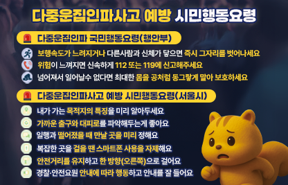 - 다중운집인파 국민행동요령(행안부)
 - 다중운집인파사고 예방 시민행동요령(서울시)