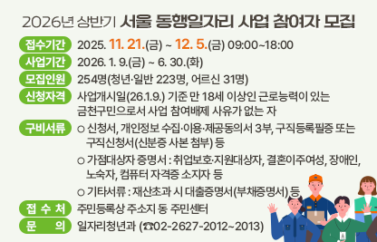 □ 접수기간 : 2025. 11. 21.(금) ~ 12. 5.(금) 09:00~18:00
□ 사업기간 : 2026. 1. 9.(금) ~ 6. 30.(화) 
□ 모집인원 : 254명(청년·일반 223명, 어르신 31명)
□ 신청자격 : 사업개시일(26.1.9.) 기준 만 18세 이상인 근로능력이 있는 금천구민으로서 사업 참여배제 사유가 없는 자
□ 구비서류 
  ○ 신청서, 개인정보 수집·이용·제공동의서 3부, 구직등록필증 또는 구직신청서(신분증 사본 첨부) 등
  ○ 가점대상자 증명서 : 취업보호·지원대상자, 결혼이주여성, 장애인, 노숙자, 컴퓨터 자격증 소지자 등
  ○ 기타서류 : 재산초과 시 대출증명서(부채증명서) 등
□ 접 수 처 : 주민등록상 주소지 동 주민센터
□ 문    의 : 일자리청년과 (☎02-2627-2012~2013)