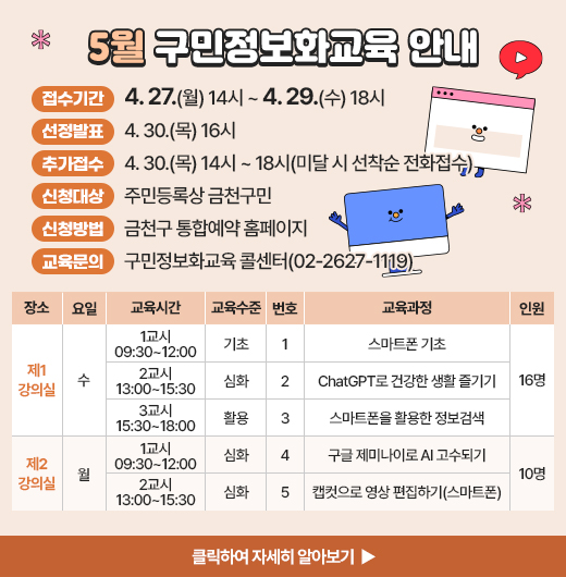 5월 구민 정보화교육 안내
  ○ 접수기간: 4. 27.(월) 14시 ~ 4. 29.(수) 18시
  ○ 선정발표: 4. 30.(목) 16시
  ○ 추가접수: 4. 30.(목) 14시 ~ 18시(미달 시 선착순 전화접수)
  ○ 신청대상: 주민등록상 금천구민
  ○ 신청방법: 금천구 통합예약 홈페이지
  ○ 개설과정

장소
요일
교육시간
교육
수준
과정
번호
과정명
모집
인원
제1
강의실
수
1교시
09:30~12:00
기초
1
★ 스마트폰 기초
16명
2교시
13:00~15:30
심화
2
ChatGPT로 건강한 생활 즐기기
3교시
15:30~18:00
활용
3
스마트폰을 활용한 정보검색
제2
강의실
월
1교시
09:30~12:00
심화
4
구글 제미나이로 AI 고수되기
10명
2교시
13:00~15:30
심화
5
캡컷으로 영상 편집하기(스마트폰)

 ○ 교육문의: 구민정보화교육 콜센터(02-2627-1119) 

클릭하여 자세히 알아보기 ▶
