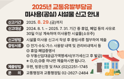 □ 신고기간 : 2025. 8. 29.(금)까지
□ 신고대상 : 2024. 8. 1. ~ 2025. 7. 31. 기간 중 휴업, 폐업 등의 사유로
             30일 이상 계속하여 미사용한 시설물(소유주)
□ 신고방법 : 시설물 미사용 신고서 작성 후 증빙서류 첨부하여 제출 
□ 증빙서류 : ① 전기·수도·가스 사용량 내역 및 관리비내역서 등
             ② 휴업·폐업증명서 
             ③ 부동산임대공급가액명세서(부가세신고 후 발급)
             ※ ①,②,③중 하나만 제출하시면 됩니다.
 □ 제출방법 : 우편, 방문신청 및 FAX (02)2251-1745
 □ 문    의 : 교통행정과 교통행정팀 02-2627-2484
 자세한 사항은 아래에서 확인하세요~