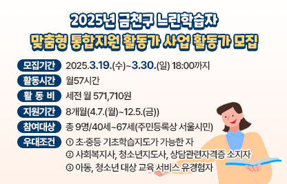 ■ 「2025년 금천구 느린학습자 맞춤형 통합지원 활동가 사업」 활동가 모집
  
○ 모집기간 : 2025.3.19.(수)~3.30.(일) 18:00까지
             (모집기간 외에는 신청이 불가능합니다)
○ 지원내용 
– 활동시간 : 월57시간
- 활동비 : 세전 월 571,710원
- 지원기간 : 8개월(4.7.(월)~12.5.(금))
- 참여대상 : 총 9명/40세~67세(주민등록상 서울시민)
- 우대조건: 1)초·중등 기초학습지도가 가능한 자
            2)사회복지사, 청소년지도사, 상담관련자격증 소지자
            3)아동, 청소년 대상 교육 서비스 유경험자
○ 활동내용 : 금천구 내 아동, 청소년 복지시설에 파견되어
           느린학습자 전담케어 및 학습지원 업무 진행 
 ‘느린학습자’란 지적장애에 해당하지는 않지만 평균지능에 도달하지 못하는 인지능력으로 인해 소속되어 있는 사회에 적응하지 못하여 지원과 보호가 필요한 아동 및 청소년   
  
바로가기 : https://www.50plus.or.kr/gch/detail.do?id=47392842