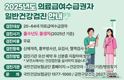 □ 검진대상 : 20~64세 의료급여수급권자
□ 검진시기 : 홀수년도 출생자(2025년 기준)
□ 검진비용 : 무료
□ 검진항목 : 신체계측, 흉부방사선, 요검사, 혈액검사 등
□ 검진방법 : 검진기관 유선 예약 후 신분증 지참하여 방문
* 보건소에서는 건강검진을 실시하지 않습니다.
□ 검진기관 : 국민건강보험공단 홈페이지->건강모아->검진기관/병원찾기
□ 문    의 : 국민건강보험공단 1577-1000/ 금천구보건소 2627-2660