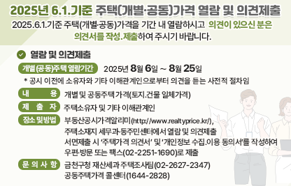 ※□ 첨부 이미지 참조 신규 제작’ 요청 시 기재
  < 제 목 : 2025년 6.1.기준 주택(개별·공동)가격 열람 및 의견제출 >
 2025.6.1.기준 주택(개별·공동)가격을 기간 내 열람하시고 의견이 
 있으신 분은 의견서를 작성․제출하여 주시기 바랍니다.
□ 열람 및 의견제출  
◦개별(공동)주택 열람기간 : 2025년 8월 6일 ～ 8월 25일 
   * 공시 이전에 소유자와 기타 이해관계인으로부터 의견을 듣는 사전적 절차임
◦내  용 : 개별 및 공동주택 가격(토지․건물 일체가격)
◦제출자 : 주택소유자 및 기타 이해관계인 
◦장소 및 방법 : 부동산공시가격알리미(http://www.realtyprice.kr/),  
  주택소재지 세무과·동주민센터에서 열람 및 의견제출
 -서면제출 시 ‘주택가격 의견서’ 및 ‘개인정보 수집․이용 동의서’를 
  작성하여 우편·방문 또는 팩스(02-2251-1690)로 제출 
□ 문의사항
  ◦ 금천구청 재산세과 주택조사팀(02-2627-2347)
  ◦ 공동주택가격 콜센터(1644-2828)