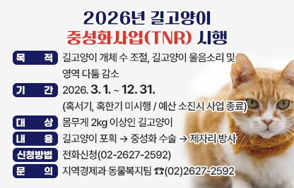 ☐ 목적 : 길고양이 개체 수 조절, 길고양이 울음소리 및 영역 다툼 감소
☐ 기간 : 2026. 3. 1. ~ 12. 31.(혹서기, 혹한기 미시행 / 예산 소진시 사업 종료)
☐ 대상 : 몸무게 2kg 이상인 길고양이
☐ 내용 : 길고양이 포획 ▶ 중성화 수술 ▶ 제자리 방사
☐ 신청방법 : 전화신청(02-2627-2592)
☐ 문의 : 지역경제과 동물복지팀 ☎(02)2627-2592