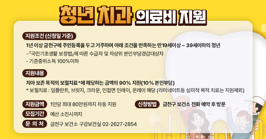 📢 금천구 청년 치과의료비 지원사업 📢

✅ 지원조건 (신청일 기준)  
   1년 이상 금천구에 주민등록을 두고 거주하며 아래 조건을 만족하는 
   만19세이상 ~ 39세이하의 청년 
   - 「국민기초생활 보장법」에 따른 수급자 및 차상위 본인부담경감대상자
   - 기준중위소득 100%이하

✅ 지원내용
   치아 보존 목적의 보철치료*에 해당하는 금액의 90% 지원(10% 본인부담)
     * 보철치료
      : 임플란트, 브릿지, 크라운, 인접면 인레이, 온레이 해당 
       (라미네이트등 심미적 목적 치료는 지원제외)

✅ 지원금액
   1인당 최대 80만원까지 차등 지원
 
✅ 신청방법
   금천구 보건소 전화 예약 후 방문

✅ 모집기간 : 예산 소진시까지

 ☎ 문의처 : 금천구 보건소 구강보건실 02-2627-2854