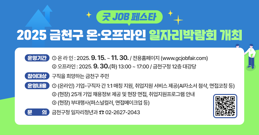 「굿 JOB 페스타」 2025 금천구 온·오프라인 일자리박람회 개최
  ○ 행 사 명 : 「굿 JOB 페스타」 2025년 금천구 온·오프라인 일자리박람회 
  ○ 운영기간
    - 온 라 인 : 2025. 9. 15. ~ 11. 30. / 전용홈페이지 (www.gcjobfair.com)
    - 오프라인 : 2025. 9. 30.(화) 13:00 ~ 17:00 / 금천구청 12층 대강당
  ○ 참여대상 : 구직을 희망하는 금천구 주민
  ○ 운영내용 
    - (온라인) 기업-구직자 간 1:1 매칭 지원, 취업지원 서비스 제공(AI자소서 첨삭, 면접코칭 등)
    - (현장) 25개 기업 채용정보 제공 및 현장 면접, 취업지원프로그램 안내
    - (현장) 부대행사(퍼스널컬러, 면접메이크업 등)
  ○ 문    의 : 금천구청 일자리청년과 ☎ 02-2627-2043
