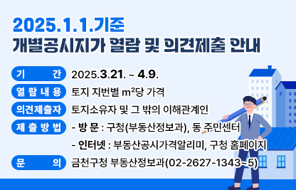 ○ 기    간 : 2025.3.21. ~ 4.9.
 ○ 열람내용 : 토지 지번별 ㎡당 가격
 ○ 의견제출자 : 토지소유자 및 그 밖의 이해관계인
 ○ 제출방법
   · 방  문 : 구청(부동산정보과), 동 주민센터
   · 인터넷 : 부동산공시가격알리미, 구청 홈페이지
 ○ 문    의 : 금천구청 부동산정보과(02-2627-1343~5)