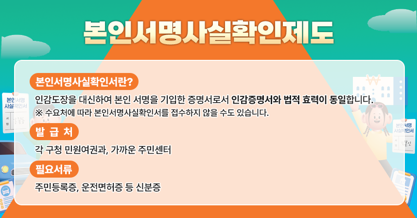 ○ 본인서명사실확인서란 – 인감도장을 대신하여 본인 서명을 기입한 증명서로서 인감증명서와 법적 효력이 동일합니다.
※ 수요처에 따라 본인서명사실확인서를 접수하지 않을 수도 있습니다.

○ 발급처 – 각 구청 민원여권과, 가까운 주민센터

○ 필요서류 – 주민등록증, 운전면허증 등 신분증
