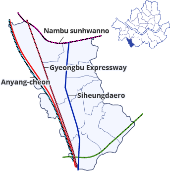 Regional characteristic image of Nambusunhwan Road, Gyeongbu Line, Anyangcheon, and Siheung-daero